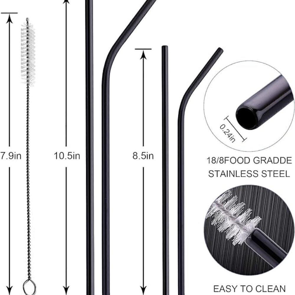 12 pack Black Metal Straws with Silicone Tips, Cleaning Brush and storage bag.… - Picture 4 of 9
